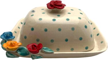 Ceramic butter dish with lid, colorful, hand-painted (dotted red rose)
