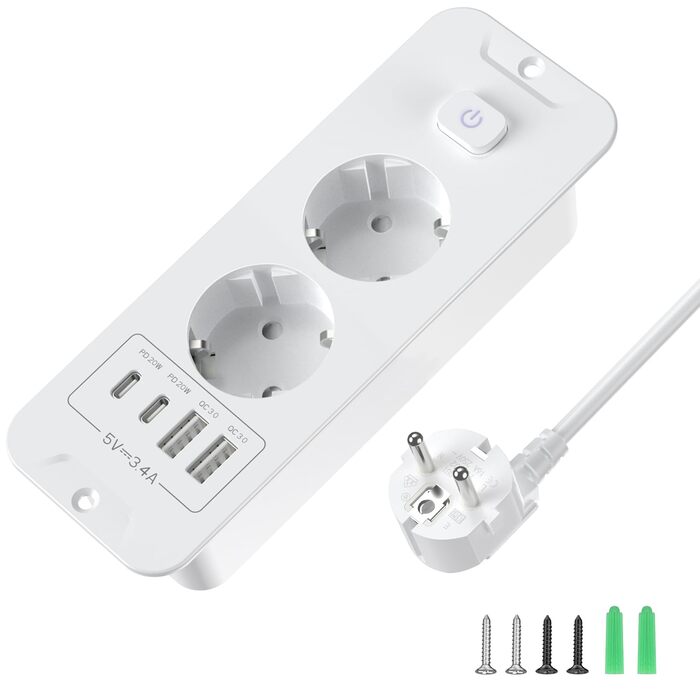 Мережевий фільтр 5-портовий з індивідуальним вимикачем, розгалужувач з 2 USB-A та 2 USB-C, мережева розподільча коробка з вимикачем, мережевий фільтр настінний з 2м кабелем, PD 20W - (2 розетки, 4 USB, білий)