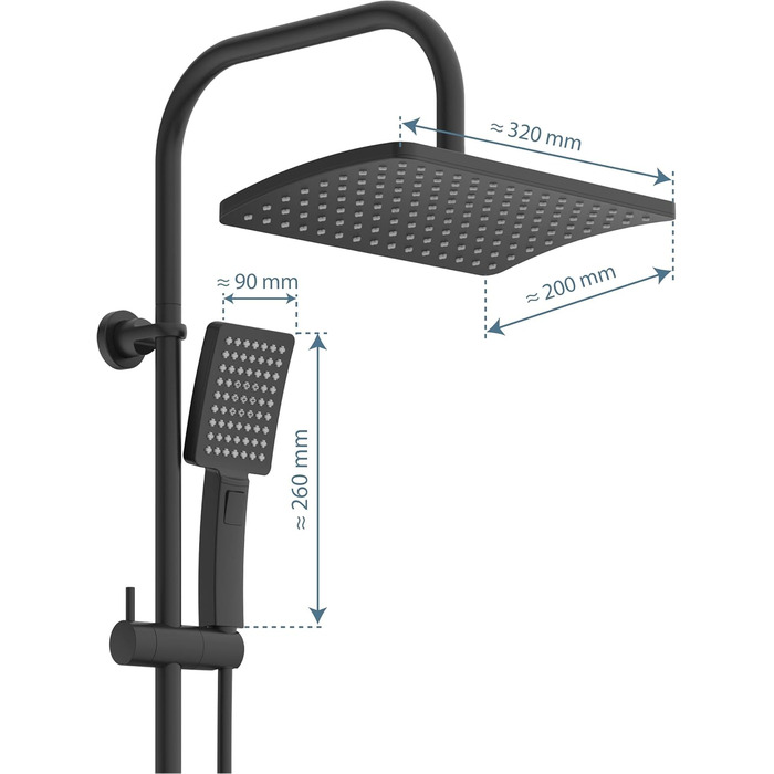 Schütte Shower Set MALLORCA Shower Column with Large Rain Shower Head, Hand Shower with 3 Jet Types, Shower System without Faucet, Matte Black
