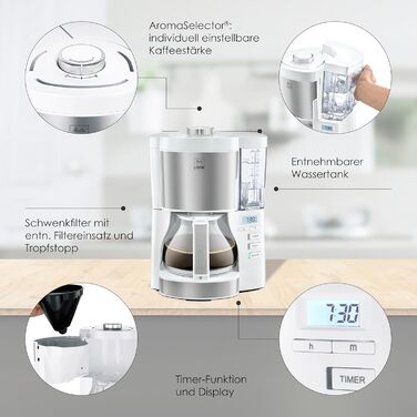 Melitta Look Timer - Filter Coffee Machine - Timer Function - Drip Stop - 10 Cups - White (1025-07) White with Glass Carafe Single