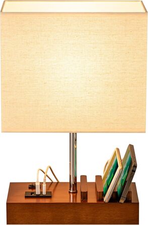 Настільна лампа Dreamholder з 3 USB-портами (A+C), підставкою для телефону, для спальні, вітальні, офісу, з натуральним дерев'яним цоколем та тканинним абажуром (цоколь з горіхового дерева)