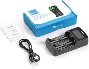 Зарядний пристрій POWXS для акумуляторів 18650 з LCD-дисплеєм та тестуванням, сумісний з Li-Ion, IMR, NI-MH, NI-Cd AA AAA C 26650 21700 10440 RCR123 (2 слоти)