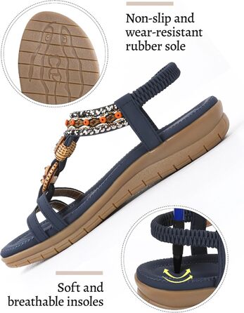 Сандалі жіночі літні Marineblau 40 EU: зручні плоскі босоніжки на пляж, весілля, шопінг з м'якою устілкою та стразами