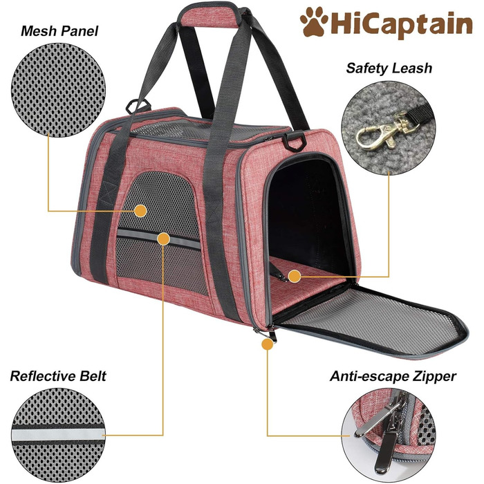 Транспортна сумка для котів HiCaptain, складана, з плечовим ременем, м'яко стьобана, переноска для собак та кошенят до 7 кг (рожевий/червоний), 46 x 29 x 30 см