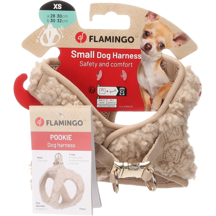 Нашийник для собак Flamingo Step&Go Pookie – Бежевий – Розмір S (A: 30–35см, B: 37–40см, 5мм) – М'який флісовий нашийник з липучкою, кліпсою та золотистими деталями. Розмір S (A: 30–35 см, B: 37–40 см)