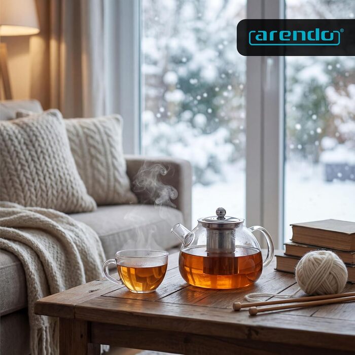 Скляний чайник Arendo з ситечком із нержавіючої сталі, 1500 мл, термостійке боросилікатне скло для листового, трав'яного та фруктового чаю