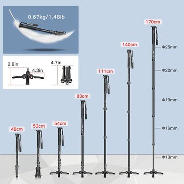Штатив для камери Manbily A-222 з висувними ніжками з алюмінію, 5 секцій, до 170 см, 7 кг, для DSLR Canon/Sony/телефону (сірий/чорний)