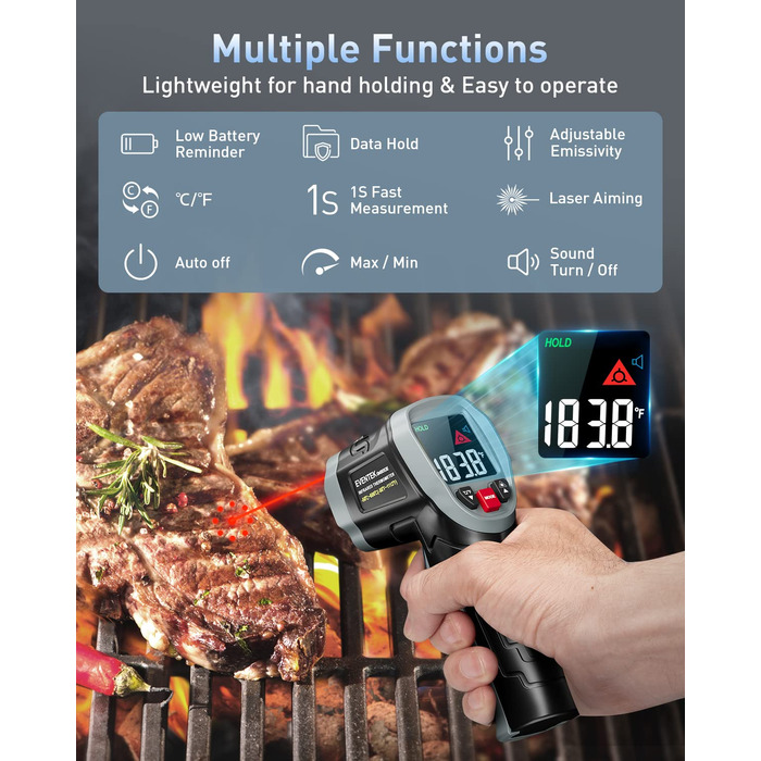 Інфрачервоний термометр Eventek -50°C до 600°C з лазером, регульована випромінювальна здатність, цифровий, LCD дисплей. Для гриля, піци, кухні, промисловості (чорний з аксесуарами 3 в 1)