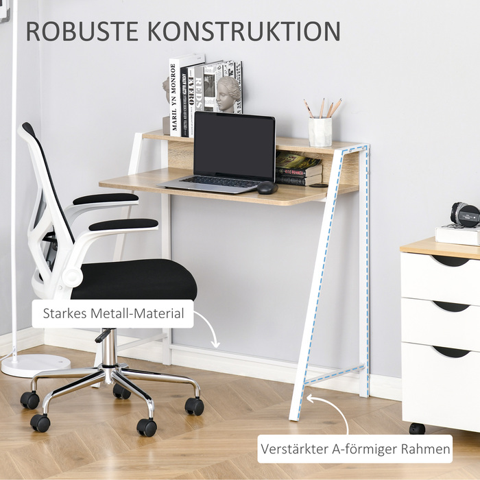 HOMCOM Desk Modern Computer Desk with Storage Shelf & Cable Management Metal Frame White Oak 84x45x85cm for Home Office & Study