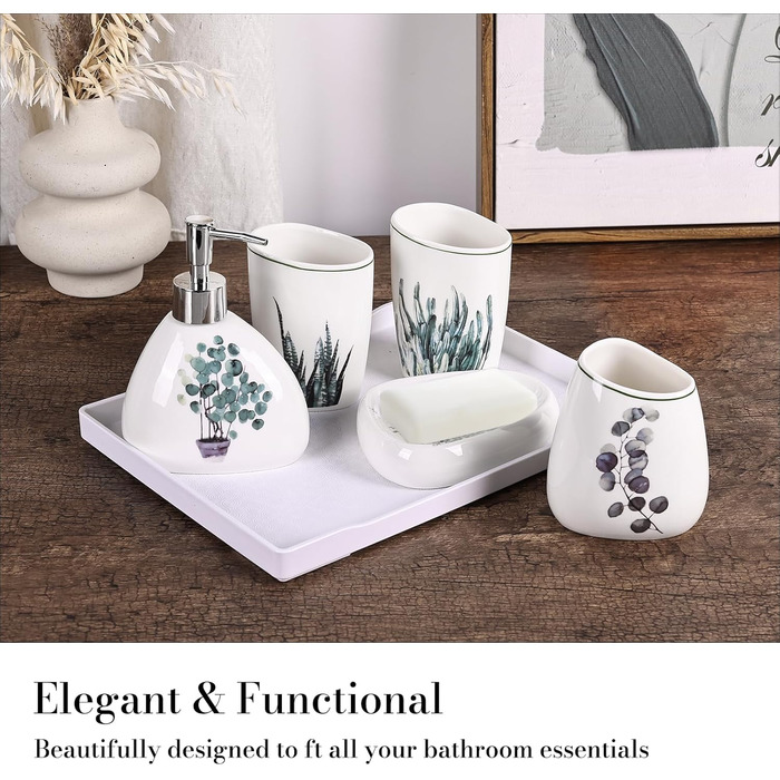 Bathroom Accessories Set, Gold Marble Look, Modern 6-Piece Bathroom Accessories Set, complete with soap dispenser, toothbrush holder, cup, tray, and countertop (Vegetal)