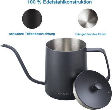 Easyworkz Gooseneck Pour Over Coffee Kettle 600ml, Stainless Steel, Swan Neck, Long Spout, Hand Drip Kettle