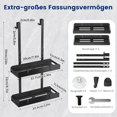 Настінна поличка для душу без свердління, чорна, з 4 гачками. Органайзер для шампуню та інших аксесуарів у ванну кімнату та кухню. Підходить для безрамкових скляних дверей.