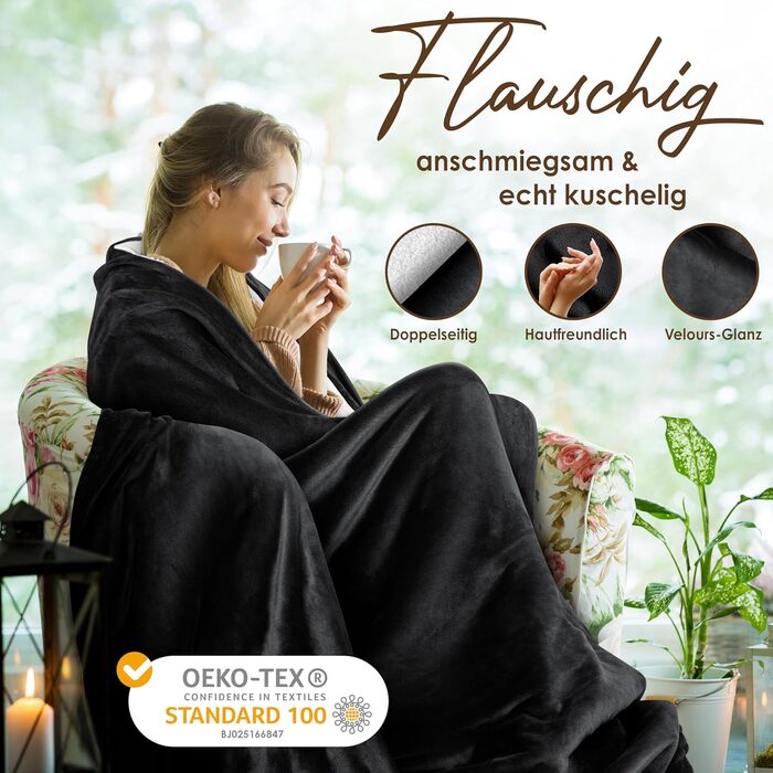 Плед KESSER® з м'якого флісу та шерпи, теплий та затишний, 220 x 240 см (XXL), чорний