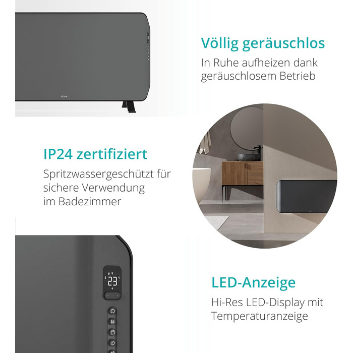 Електричний конвектор Duux Edge Smart 1500W - енергозберігаючий нагрівач для ванної кімнати, з термостатом, для приміщень до 20 м² - сірий