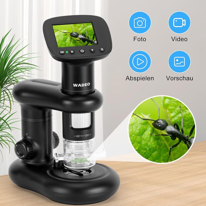 Цифровий мікроскоп WADEO USB HD з 50x-1600x збільшенням, портативна інспекційна камера, кабельне ручне збільшення з 8 LED та стійкою, сумісний з iOS, Android та планшетами (2 дюйми)