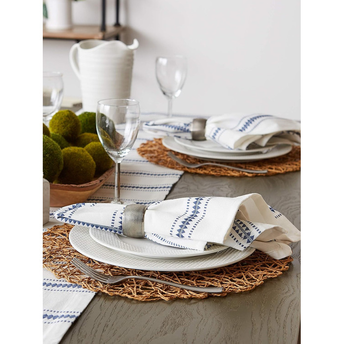 DII Zig Dobby Tabletop Collection, white cotton background with decorative stripes napkin set, blue (French Blue), 20