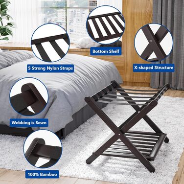 Fully assembled white luggage rack, upgraded bamboo, foldable suitcase stand with 5 nylon straps, luggage holder with shelf for guest rooms, hotel (white luggage rack, 1 piece) (Brown, 1 piece)