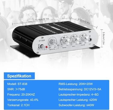 HiFi аудіо підсилювач 2.1-канальний ST-838, стерео, клас D, 20Вт×2+40Вт, з сабвуферним виходом, міні цифровий підсилювач, AUX, для дому та авто, чорний/сріблястий, з адаптером живлення
