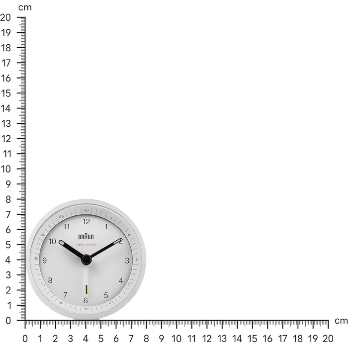Classic Braun analog radio alarm clock for Central European Time (CET/GMT+1) with snooze function and illumination, quiet movement, crescendo alarm in white, model BC07W-DCF