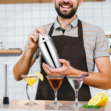 High-quality cocktail shaker set, cocktail mixing set, 10-piece, made of stainless steel, with bamboo storage, including cocktail shaker, jigger, strainer, muddler, bar spoon, ice tongs, bottle opener, and measuring tool.