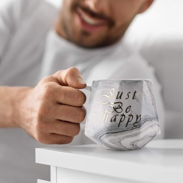 Just Be Happy - Set of 2 Coffee Mugs, Awanber 15 Oz. Ceramic Marble Coffee Mugs, Best Mug Set Gift for Women, Girlfriend, Couples, Partner, Mother for Birthday, Christmas, Wedding – in Gift Box