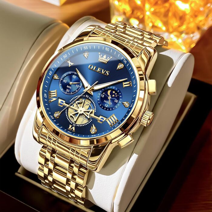 Годинник чоловічий OLEVS з металевим ремінцем, кварцовий, з місячною фазою, хронограф, водостійкий (2856 Blue / Gold)