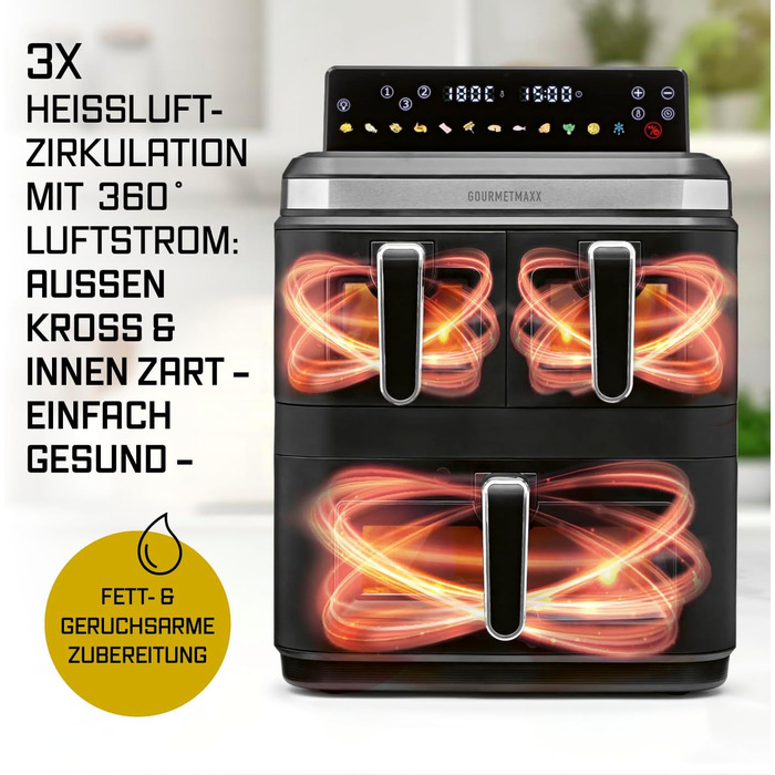 Фритюрниця електрична Gourmetmaxx FryUp3 з 3 камерами 17л, Airfryer з сенсорним дисплеєм, 12 програм, вікном огляду – для 12 осіб