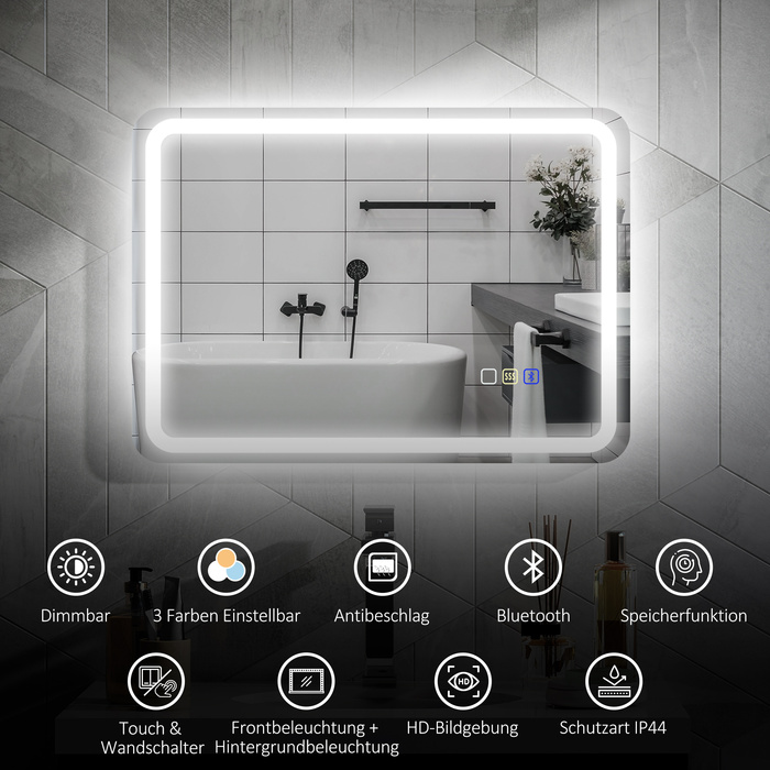 Дзеркало для ванної кімнати HOMCOM з підсвіткою 50x70 см, LED, Bluetooth, сенсорне управління, функція пам'яті, антизапітніюче, 3 кольори світла, срібляне