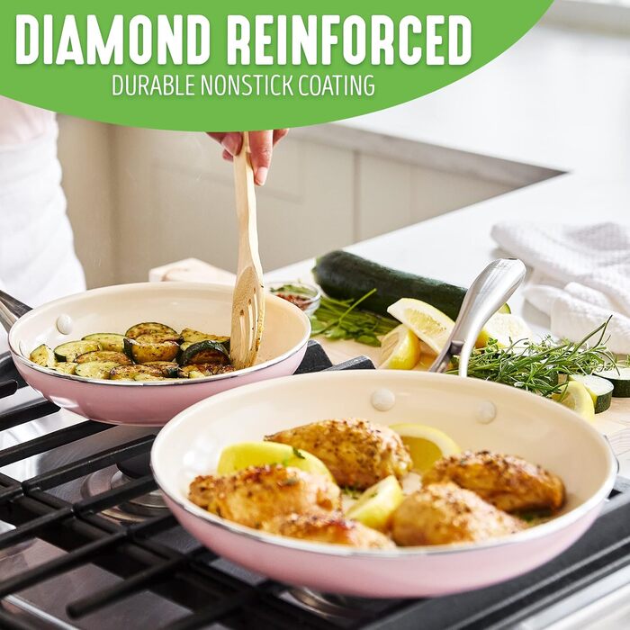 Набір сковорідок GreenLife Artisan, керамічне покриття, антипригарні, 20.3 см та 25.4 см, з нержавіючої сталі, без PFAS, придатні для миття в посудомийній машині, жаростійкі, рожеві