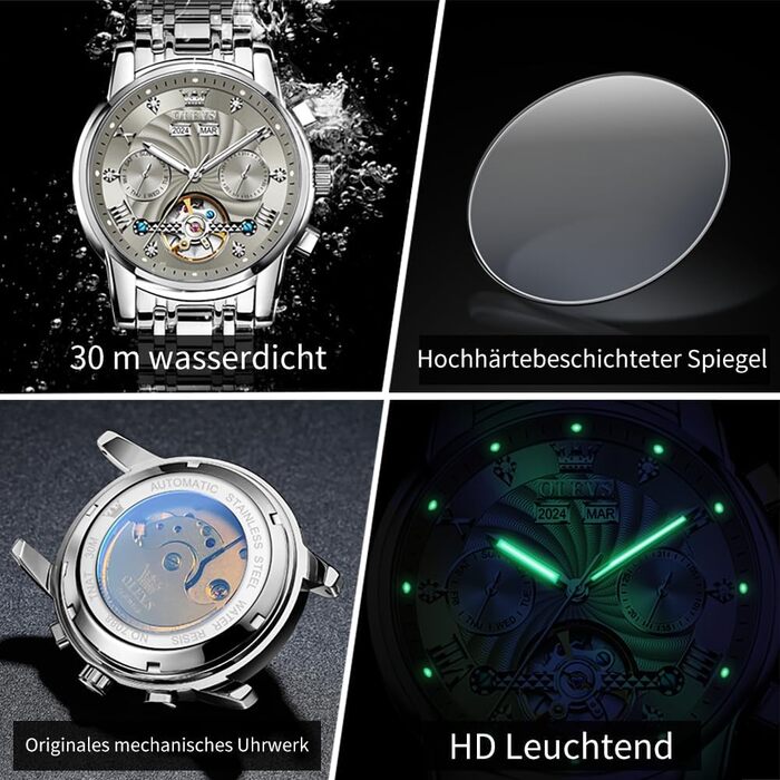 Чоловічий механічний годинник OLEVS 7088 з автопідзаводом, турбійоном та календарем, водонепроникний, сріблясто-сірий