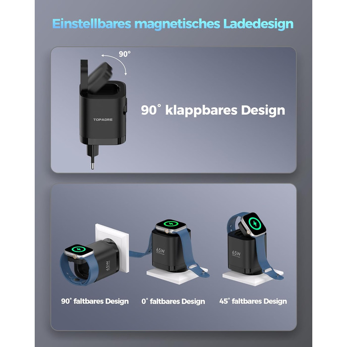 Зарядний пристрій 65W USB-C з кабелями для Apple Watch, 4 порти GaN USB-C, швидка зарядка для Apple Watch Ultra/11/10/9/8/7, MacBook, iPhone, iPad, Galaxy - Білий