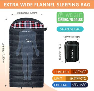 Спальний мішок Poepore Outdoor Winter для дорослих, XXL, 3-4 сезони, теплий бавовняний фліс, 230x100 см, 0°C (сірий, -6°C)