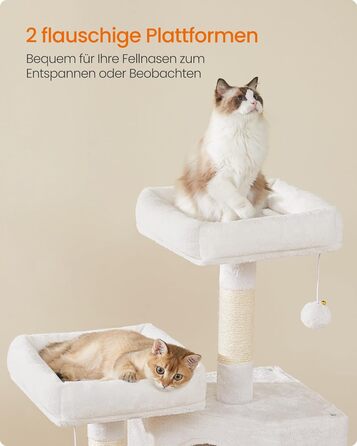 Дряпка для котів Feandrea Kratzbaum Klein, з дряпальною дошкою, платформами, м'яким плюшем, 115 см, повністю обмотана сизалем, PCT141W01 (кремово-білий, 50 x 35 x 115 см)