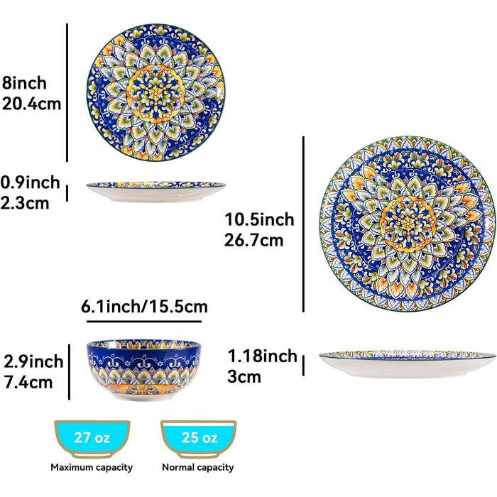 Набір посуду Sweejar Home Keramik для 4 осіб (12 предметів): порцелянові тарілки та миски, богемний стиль, для кухні, сумісний з мийкою та мікрохвильовкою