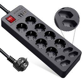 Мережевий фільтр із захистом від перенапруги 10 розеток, USB-C, з вимикачем, 4 USB-порти, 1,5м, чорний (12 розеток)