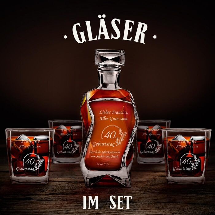 Maverton Whiskey Decanter + Set of 4/6 Whiskey Glasses with Engraving - 700ml Whiskey Decanter - Perfect for Christmas - Birthday Gift for Men - Congratulations