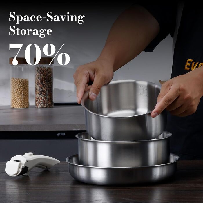 Набір посуду з нержавіючої сталі 14 предметів: каструлі та сковорідки з керамічним покриттям, знімні ручки. Включає сковорідку 24 см, каструлі 18/20 см. Можливість складання. Підходить для всіх типів плит. Білий (сріблястий)