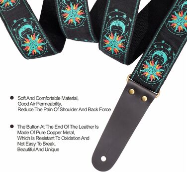 Гітарний ремінь Nefelibata, вишитий бавовняний ремінь з шкіряними кінцями, для бас-гітари, електро- та акустичної гітари, безкоштовний фіксатор, 1 пара замків, 4 шт. (Зелене сонце та місяць)