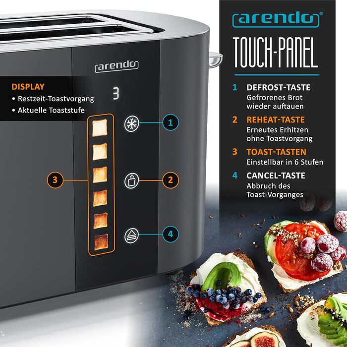 Тостер Arendo з нержавіючої сталі, 4 слоти, довгі прорізи, сенсорний екран, подвійні стінки, 1500 Вт, підставка для булочок, 6 рівнів підсмажування, центрування хліба, індикатор часу, пам'ять (B: Cool Grey)