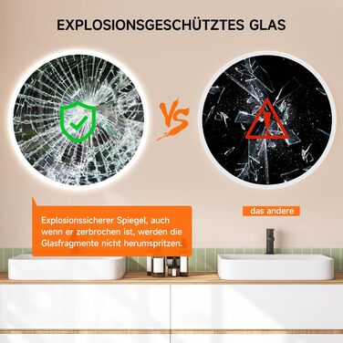 Дзеркало для ванної кімнати YOLEO кругле з підсвічуванням, 60 см, з сенсорним вимикачем, захисне скло, 3 кольори світла, регулювання яскравості, 6500K (50x50 см)