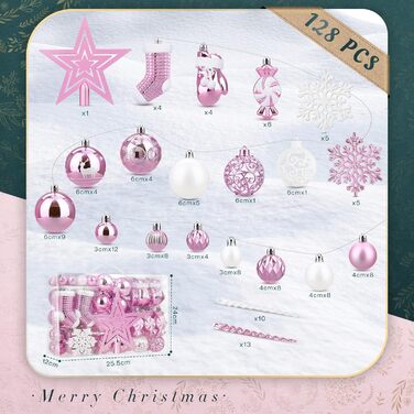 SOLEDI® Набір з 128 штучок преміум ялинкових прикрас - кульки з пластику білого кольору з зіркою на верхівку. Міцний та безпечний набір ялинкових прикрас з гачками. Ялинкові кульки кольорові, багаторазовий декор на Різдво (рожевий)