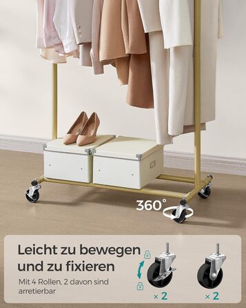 SONGMICS Clothes Rack on Wheels, Heavy-Duty Garment Rack, Extendable Clothes Rod, Load Capacity up to 100 kg, Easy Assembly, Portable, HSR13S (Pale Gold, (92-132) cm Width)