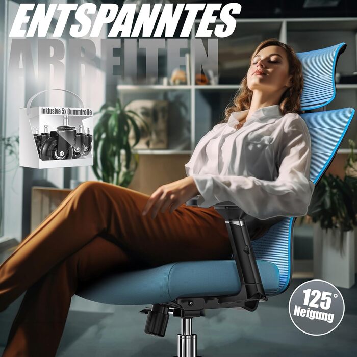 Крісло офісне KESSER® ергономічне з регульованими підлокітниками, поворотне з підтримкою попереку, з підголівником, функція гойдання до 125° та 5 роликів, блакитне/сріблясте