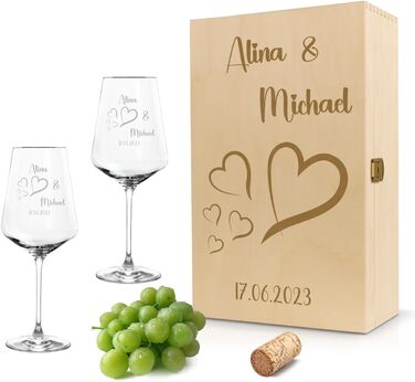 Leonardo Wine Glasses Set of 2 with Wooden Box and Engraving for Him & Her. Only Love Matters. Personalized with Name & Date. Heart-Shaped Glass Leonardo Puccini 560ml