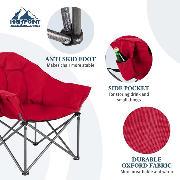 Крісло для кемпінгу High Point Sports Moon XXL: широке, складне, до 150 кг, червоне