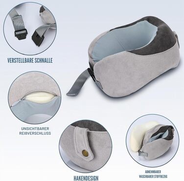 Подушка для подорожей Euqvunn з ефектом пам'яті (Memory Foam), ергономічна подушка для шиї в літак з охолоджуючим льодяним шовком та сумкою для зберігання, сіра