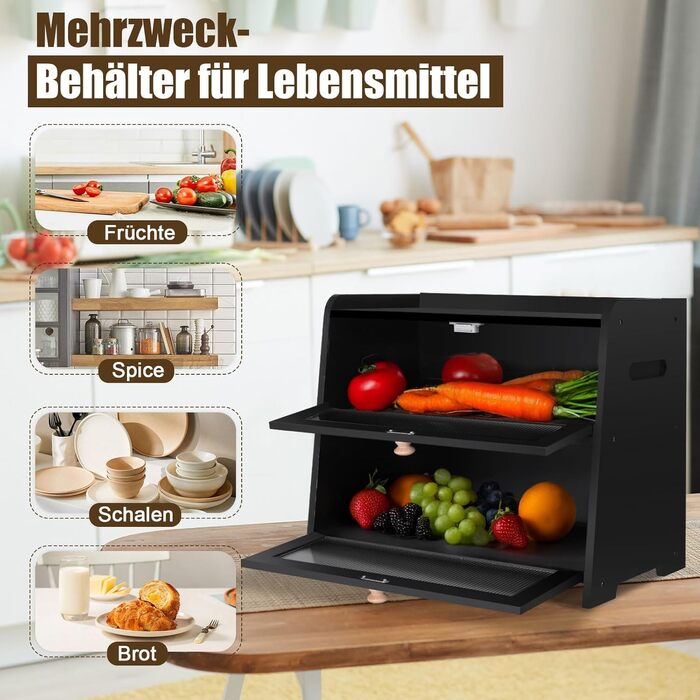 Бак для хліба з бамбука для кухні, 2-шаровий контейнер для домашнього хліба, чорний прямокутний, велика місткість