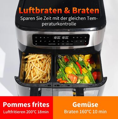 Фритюрниця TOKIT з подвійним зондом, 2800 Вт, 10 л, 12 програм, з вікном, без олії, 2 ящики, LED-touchscreen, 90% менше жиру