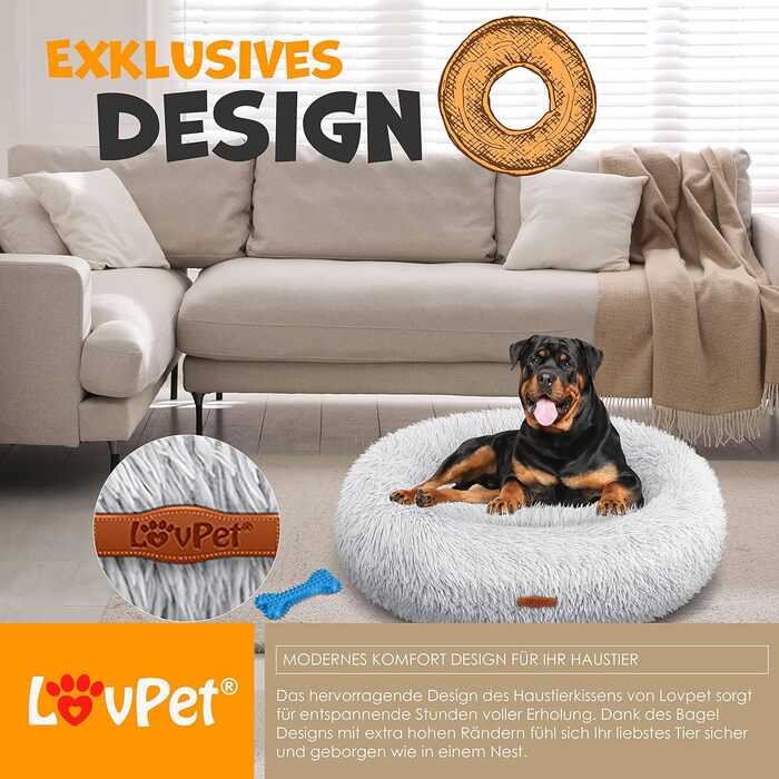 Кругле ліжко для собак та котів Lovpet® Bagel з мискою та іграшками, 120 см, світло-сірий