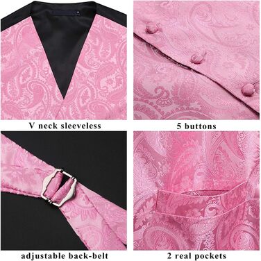 Жаккардова жилетка для костюма чоловіча Enlision на весілля з краваткою та нагрудником. Квітковий візерунок Paisley, рожева, XL